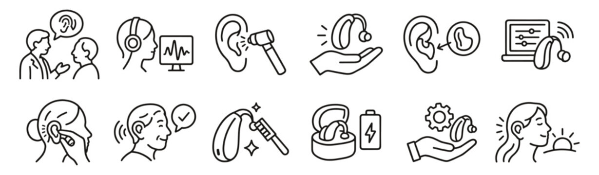 Hearing care line icon set. Audiology tests, hearing aids, fitting and adjustment linear vector illustration. Outline signs for ear health, assistive technology and hearing aid maintenance.