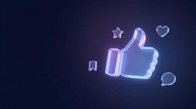 Social media engagement concept featuring glowing 3d glass thumbs up like button with heart and comment icons