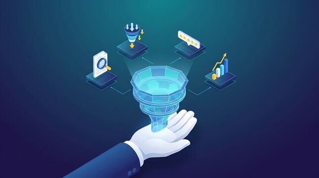 Digital marketing sales funnel strategy with isometric business icons representing lead generation and conversion rate optimization