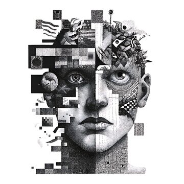 A surreal black and white digital portrait blending geometric and organic patterns, depicting a fragmented human face with abstract elements.