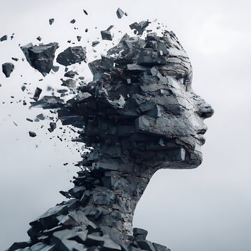 A shattered stone sculpture of a human head disintegrates into fragments, symbolizing decay or transformation.