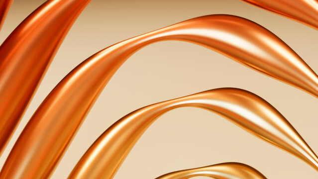 Abstract flowing orange metallic curves on beige background