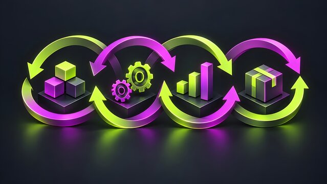Four interlocking neon loop arrows connecting 3D blocks, gears, growth chart, and package box for product lifecycle management