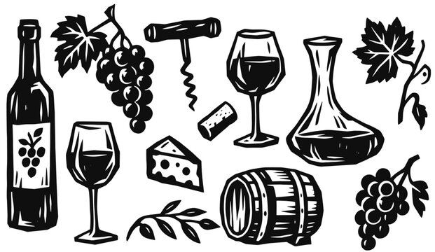Wine tasting linocut icon set. Grape bunches, bottle, stemmed glasses, decanter, corkscrew, wooden barrel, olives and cheese. Hand drawn black vector illustration in vintage woodcut print style.