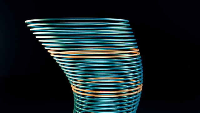 Stacked blue and orange metallic rings forming spiral geometric shape