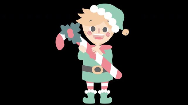 merry christmas and happy new year with cute little elf dwarf and candy cane, overlay transparent prores 4444 4K