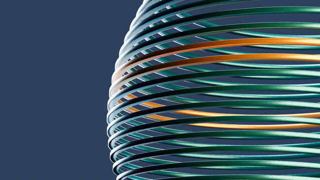 Colorful spiral sculpture of interlocking metal rings
