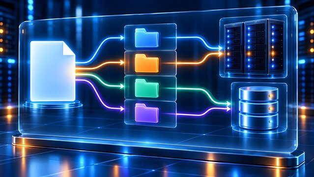 Holographic document management interface routing digital files into categorized folders, server racks, and database storage systems