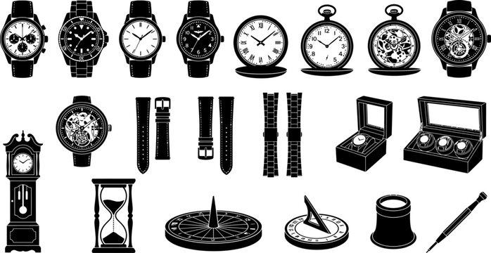 A comprehensive vector illustration set featuring various types of vintage and modern timepieces and watch accessories