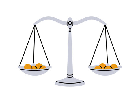 Balance scale with gold coins and equal weights, financial balance and monetary equality concept, weighing mechanism representing fair value, wealth distribution flat vector illustration.