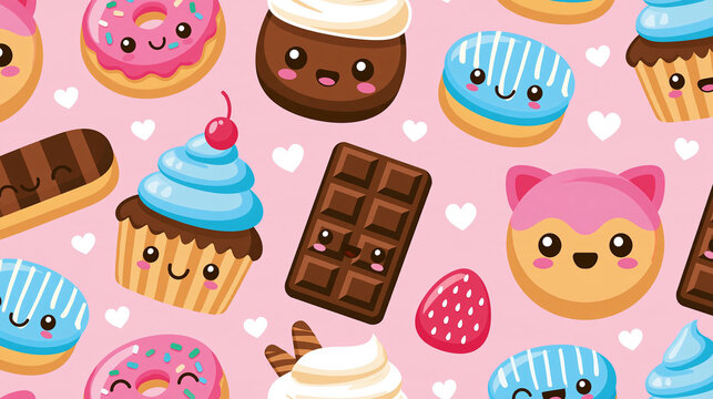 Kawaii-style dessert seamless pattern featuring cute cartoon sweets and chocolate, colorful pastry and confectionery wallpaper for bakery branding, with copy space