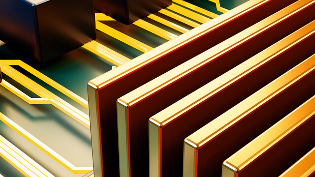 Close-up of electronic circuit board with golden components