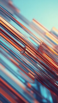 Abstract composition of colorful, elongated glass or acrylic rods arranged diagonally, reflecting light with a gradient background.