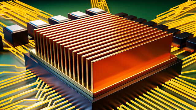 Computer chip with golden heat sink on circuit board