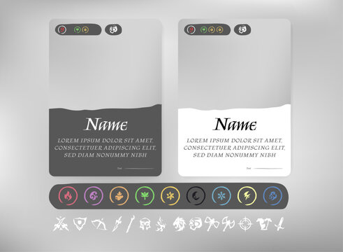 Fantasy trading card game template featuring character panels, elemental icons, stats, skill symbols, name and description areas, and clean UI layouts for collectible game designs.
