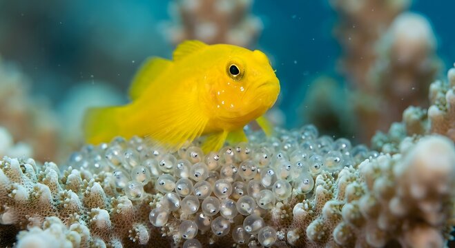 A detailed underwater macro photograph of a vibrant yellow clown goby closely guarding its clutch of translucent eggs on a coral host in Anilao, Philippines.