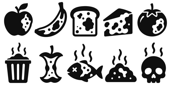 Rot solid icon set. Spoiled fruit, bread, cheese, dead fish and waste in black glyph vector silhouettes for food spoilage, decomposition, hygiene, contamination, composting and food safety design.