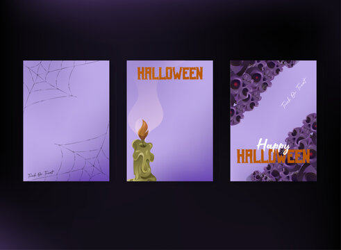 Halloween social media post template set featuring purple backgrounds, spider webs, skulls, candles, and bold festive typography for spooky seasonal promotions and greetings.