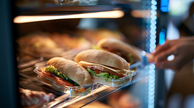 Vending machine displaying an assortment of fresh sandwiches inside a brightly lit public space, grab-and-go meal concept, with copy space