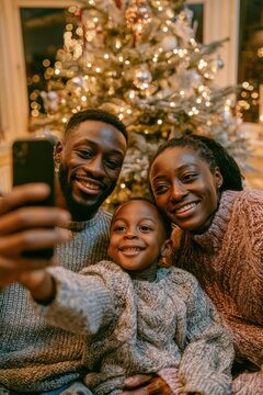 Happy Family Taking Christmas Selfie by Decorated Tree