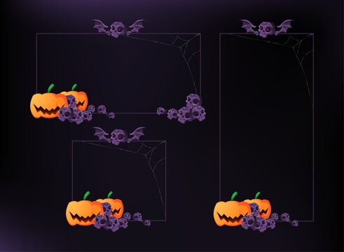 Halloween frame collection featuring pumpkins, purple skulls, bats, spider webs, and dark gothic borders with spacious layouts for seasonal cards, posters, invitations, and banners.