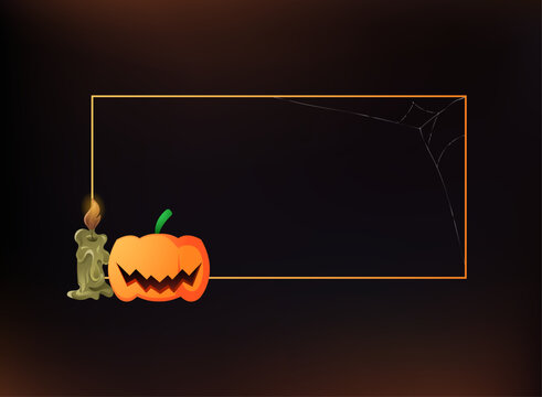 Halloween frame design featuring a glowing pumpkin and candle, spider web details, dark gothic background, and orange border with open space for seasonal cards, posters, and banners.