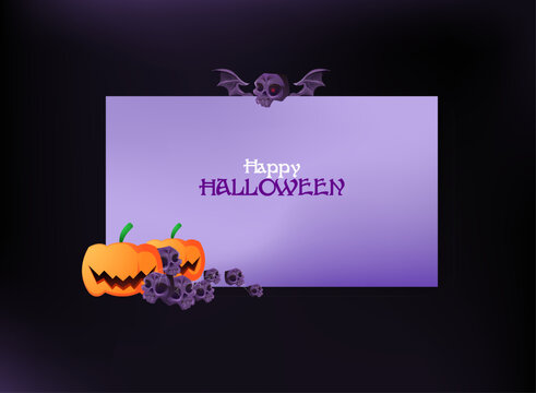Happy Halloween greeting design with purple skulls, pumpkins, bat wings, dark gothic styling, and elegant typography on a lavender background for seasonal cards, posters, and banners.