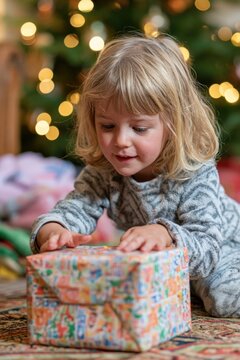 Excited little girl opening Christmas gift at home
