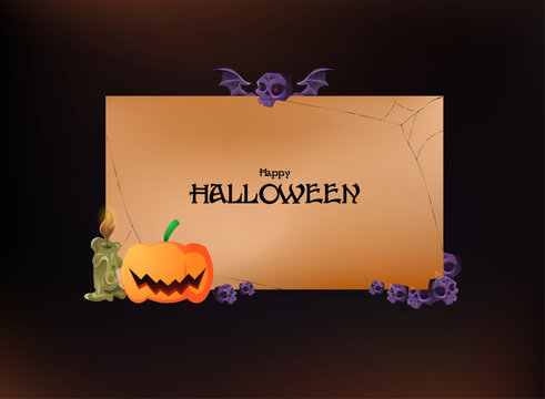 Happy Halloween greeting frame with a glowing pumpkin, candle, purple skulls, spider webs, and gothic orange background, designed for seasonal cards, posters, banners, and invitations.