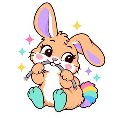 Fototapeta premium Cheeky bunny chewing a cable, funny cartoon pet rabbit vector with rainbow tail