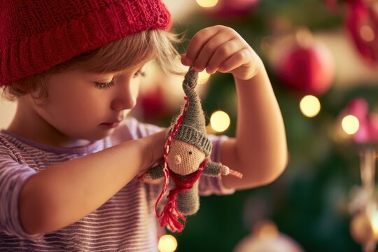 Child Holding Holiday Ornament Near Christmas Tree