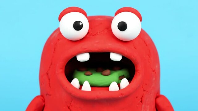 Cute Red Clay Monster Eating a Green Cookie with Chocolate Chips.