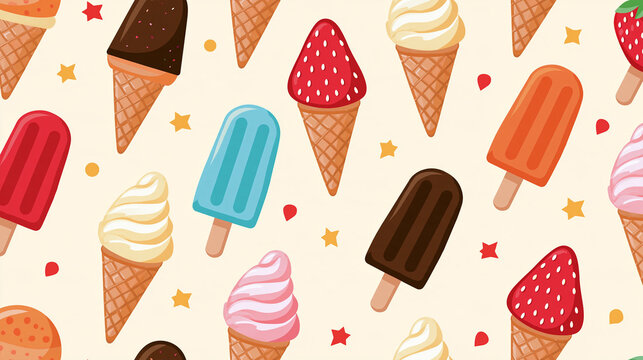 Seamless pattern featuring ice cream motifs, playful summer dessert design, with copy space