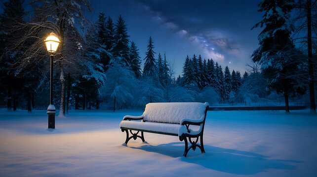 Snow covered park with empty bench and glowing street lamp on winter evening