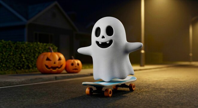 Cute 3D Cartoon Ghost Skateboarding on Suburban Street at Night with Jack-o-Lantern Pumpkins Halloween Scene
