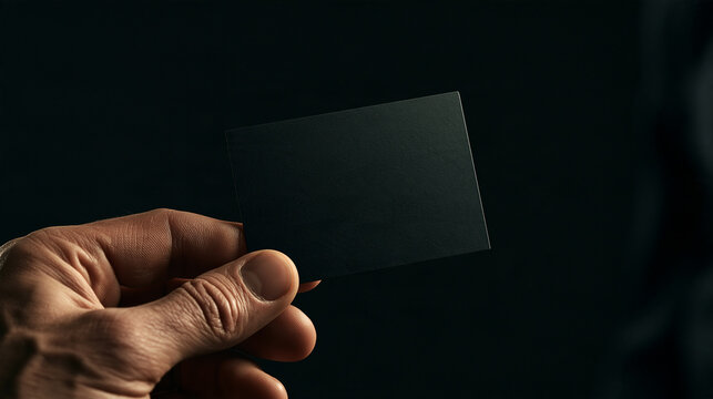 Hand holding a blank black business card against a dark background. Minimalist design for branding or contact information.