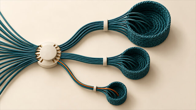Ceramic Distributor Connecting Teal Cords to Three Woven Containers