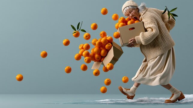 Funny woman carrying a donation box at a food bank but slipping on ice and oranges rolling everywhere, humorous winter photo