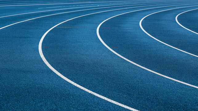 Curved white lines on a blue running track in an empty stadium. Ideal background for sports and athletics concepts.