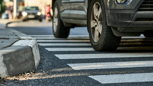 A dark car stops at a sunlit urban pedestrian crossing, viewed from a low angle at the curb. Perfect for illustrating city traffic, road safety, and daily commutes.