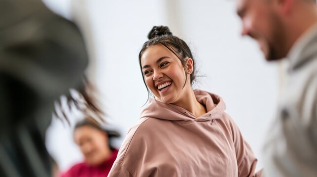 Funny woman in a dance class going left while everyone goes right, humorous winter dance photo with copy space