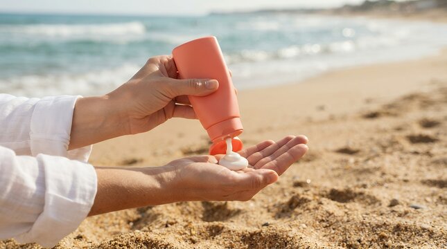 Woman applying sunscreen lotion on hand at beach for summer skin care