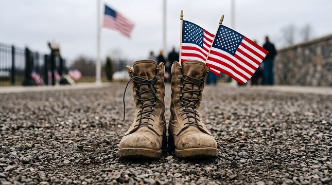 Military combat boots with american flags displayed on a gravel path for a solemn veterans day memorial tribute