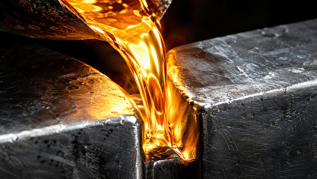 A golden stream of molten metal is flowing into the gaps between the silver metals.