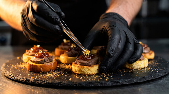 Woman chef placing gold foil flakes on foie gras brioche canapes