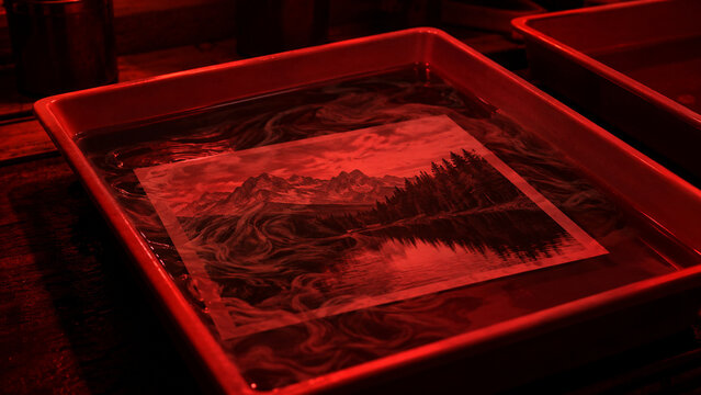Inside the darkroom, the red safety light is lit, indicating that the photos in the developing tray are being developed.
