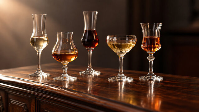 On the dark wooden cabinet, various after-dinner liqueurs served in stemmed glasses are placed, illuminated by a soft spotlight.