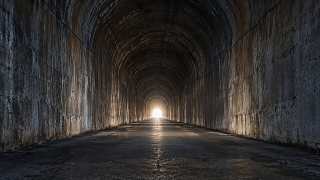 A long, straight tunnel with a bright, small exit at the end, where the walls converge inward.