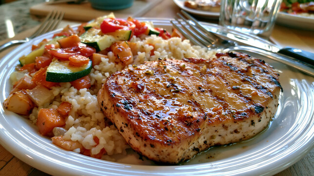 A juicy grilled pork chop served with brown rice and roasted vegetables on a white plate. Perfect for healthy dinner recipe or culinary blog themes.