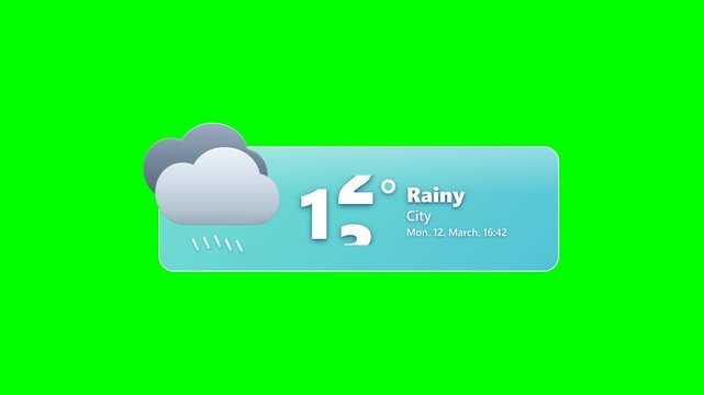 Rainy Weather Widget with Cloud Icon and 12 Degrees Temperature on Green Screen Chroma Key
